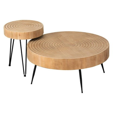 Open Box COZAYH 2 Piece Wood Round Coffee Tables for Living Room, Ring Pattern