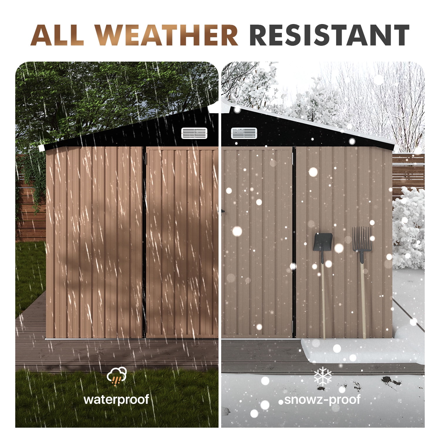 BaPiPro 10x8 ft Outdoor Metal Storage Shed with Base - Lockable Door & Waterproof, for Tools, Garden Equipment/Bikes, Brown