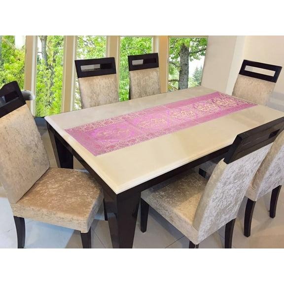 Stylo Culture Bohemian Long Wedding Table Runner Baby Pink Gold Elephant & Floral Brocade Jacquard Rectangle Home Decor Indian Dining Room Tablecloth | 60x16 Inches ( 152 x 40 cm)