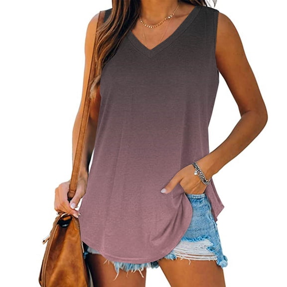 Karymi Womens Blouses V‑Neck Sleeveless Tank Top, Loose‑Fit Gradient Curved‑Hem Casual Shift Camisole, Relaxed Daily Blouse Workout Tops for Women