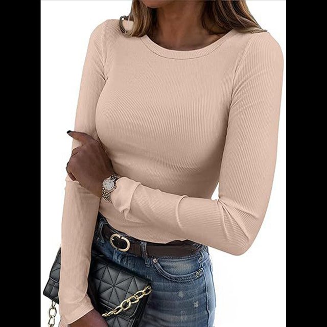 Camisetas de Larga para Mujer, Tops Ajustados de Punto Acanalado, Conjuntos de Otoño, Camisetas Informales, Ropa Interior, Ropa Interior, Crema XXL
