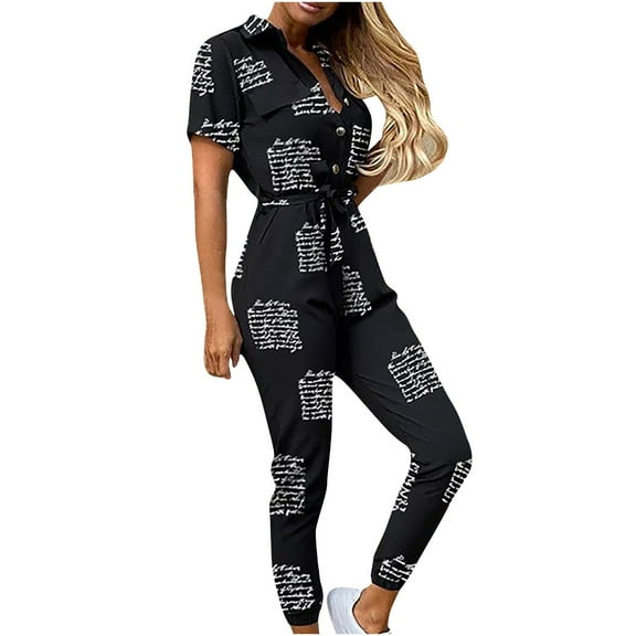 Ausyst Jumpsuits for Women Fashion Solid Color Casual Lapel Belt Short Sleeve Overalls Summer Baggy Rompers Clearance