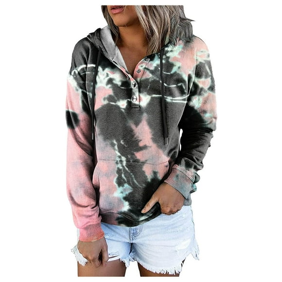 HNMKIU Women Hoodie Women's Button Drawstring Pocket Casual Long Sleeve Tie Dye Gradient Print Hoodie Sweatshirt
