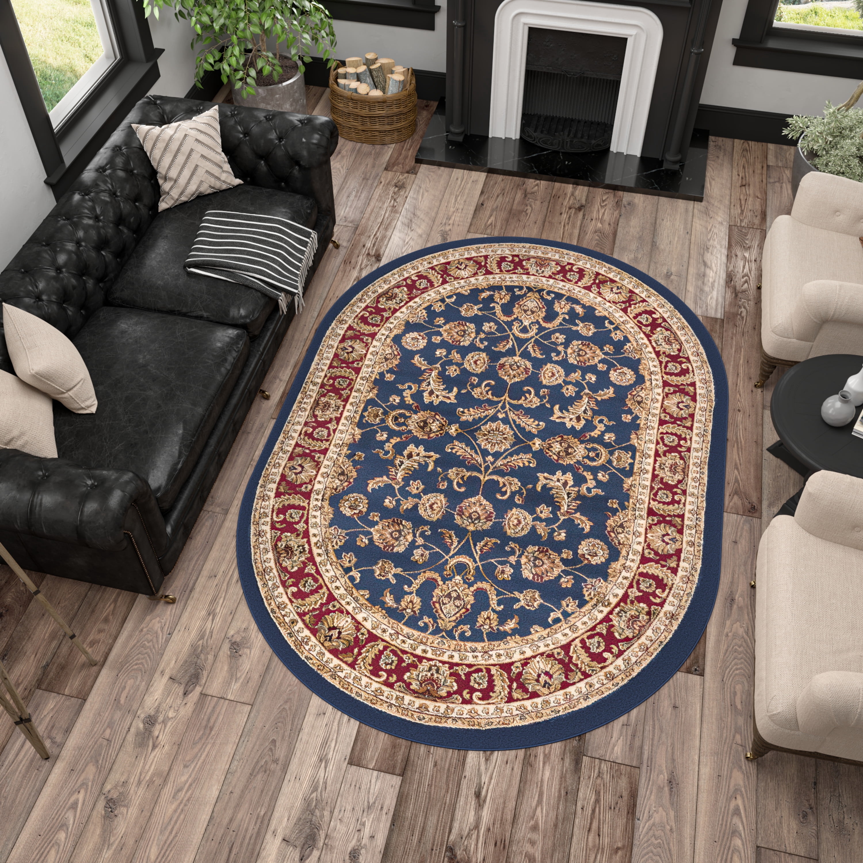 Sensation Transitional 5' x 7' Oval Navy and Beige Polypropylene Indoor Area Rug