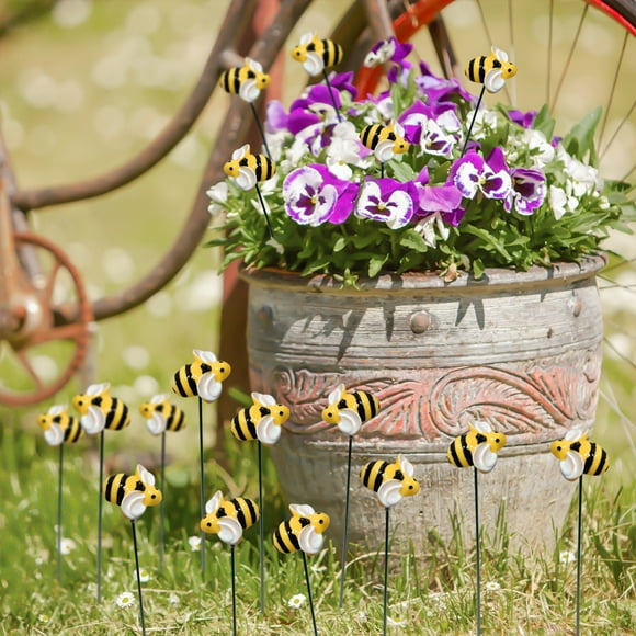 YAOMOBB Flower Pot Bee Stakes Garden Bee Decorations Set 20 Pcs Vibrant Striped Fake Bees for Flower Pot Yard Lawn Balcony Easy to Install Planter