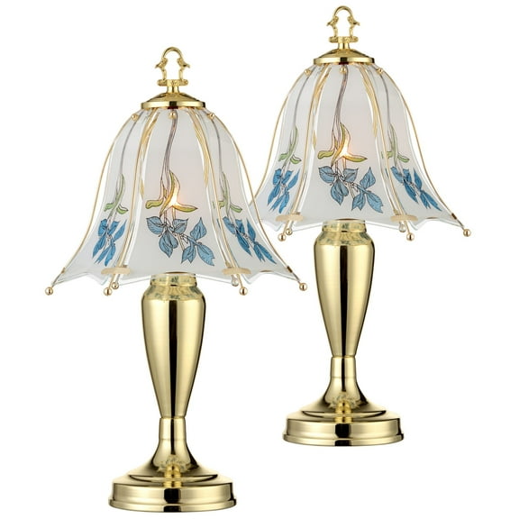 Regency Hill Country Cottage Accent Table Lamps 18" High Set of 2 Brass Touch On Off Blue Floral Glass Shade for Bedroom Living Room Nightstand Family