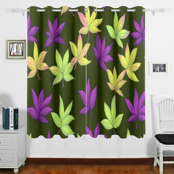 Purple Green Maple Leaves Blackout Curtains for Living Room Bedroom 55W x 63L Insulated Window Drapes 2 Panels