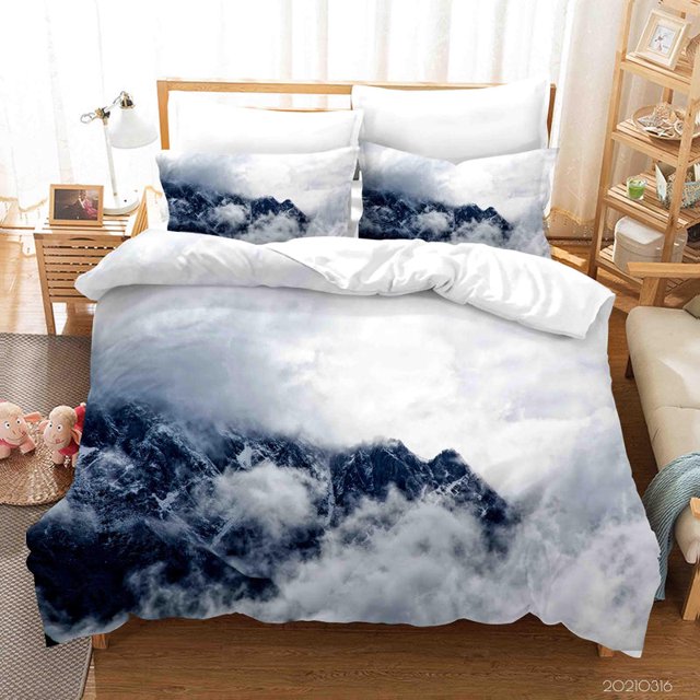 3D Blanco Niebla Paisaje de Montaña Funda de edredón Set Ropa de Cama Set Funda Nórdica
