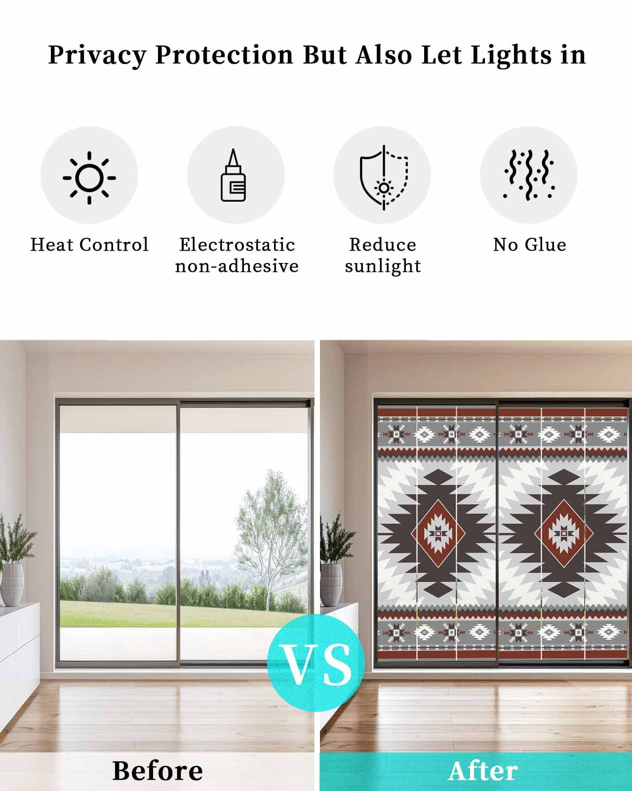 Window Privacy Film Gray Red Boho Stained Glass Window Film Decorative Sun Block Window Cover Southwestern Ethnic Abstract Geometric Window Clings Static Adhesive Sticker for Bathroom 29.5"x78.7"