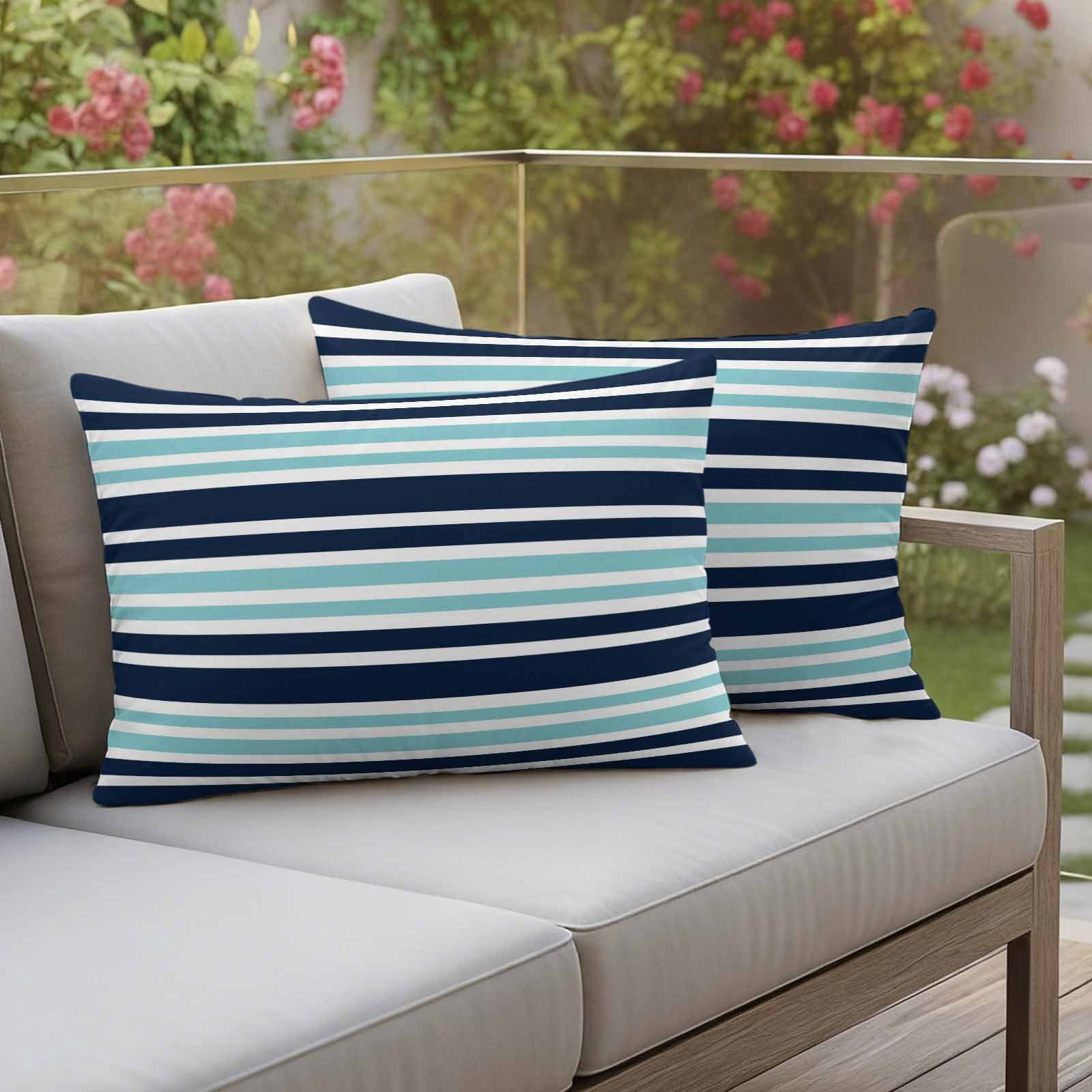 Outdoor Waterproof Pillow Covers Nautical Navy Blue Contrast Stripe Decorative Throw Pillow Protectors,Pillowcase Cushion Cases for Patio Sofa Garden Couch,20x12in,Pack of 2