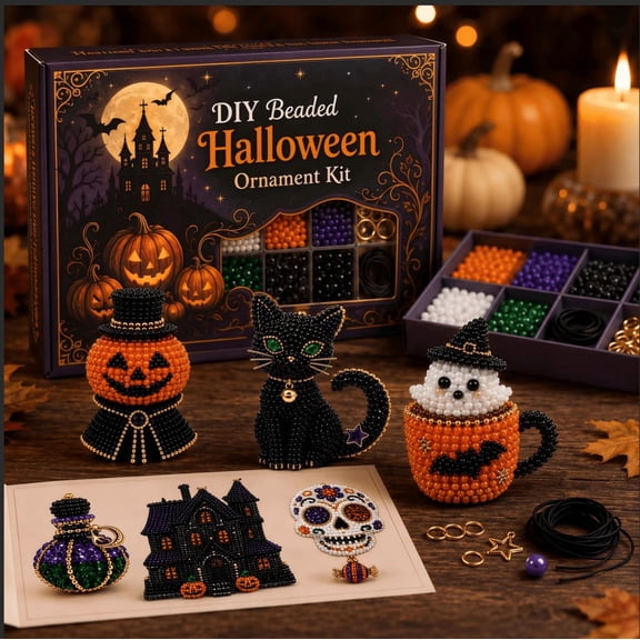 3 Pack Halloween 3D Beaded Figurine DIY Kit, Pumpkin Ghost Cat Seed Bead Craft Set, Handmade Mini Table Ornament Making Supplies for Adults Teens Holiday Decor Gift