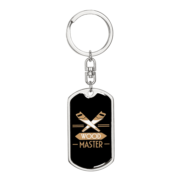 Wood Master Swivel Keychain Woodworker Dog Tag Stainless Steel or 18k Gold