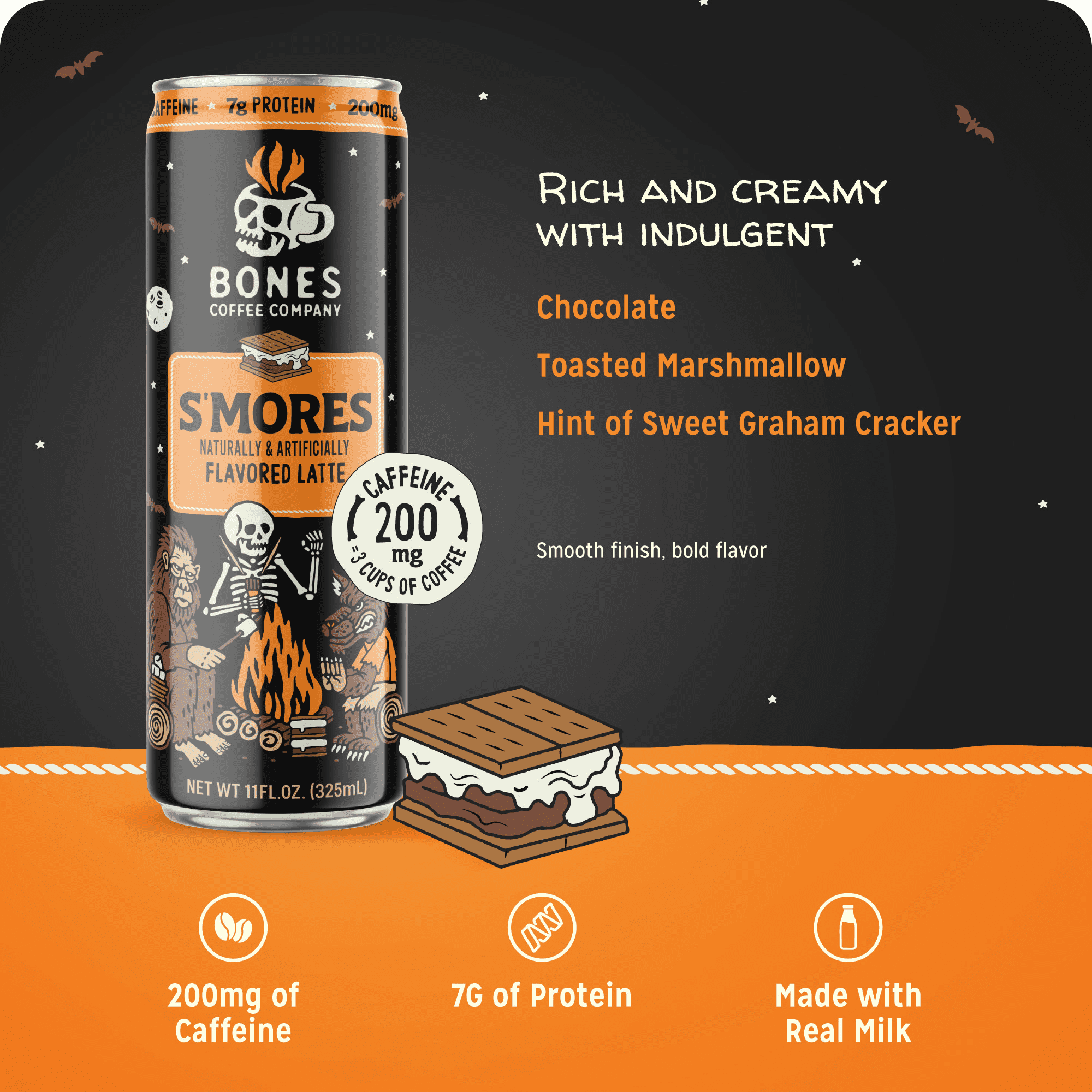 (2 pack) Bones Coffee Company S'mores Flavored Iced Coffee Latte, Ready To Drink Canned Coffee, 11 fl oz Can
