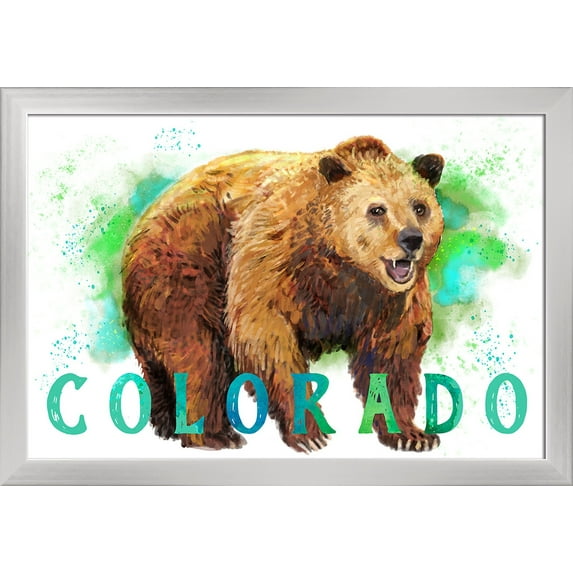 Colorado - Grizzly - Watercolor - Lantern Press Artwork (24x16 Giclee Art Print, Gallery Framed, Silver Wood)