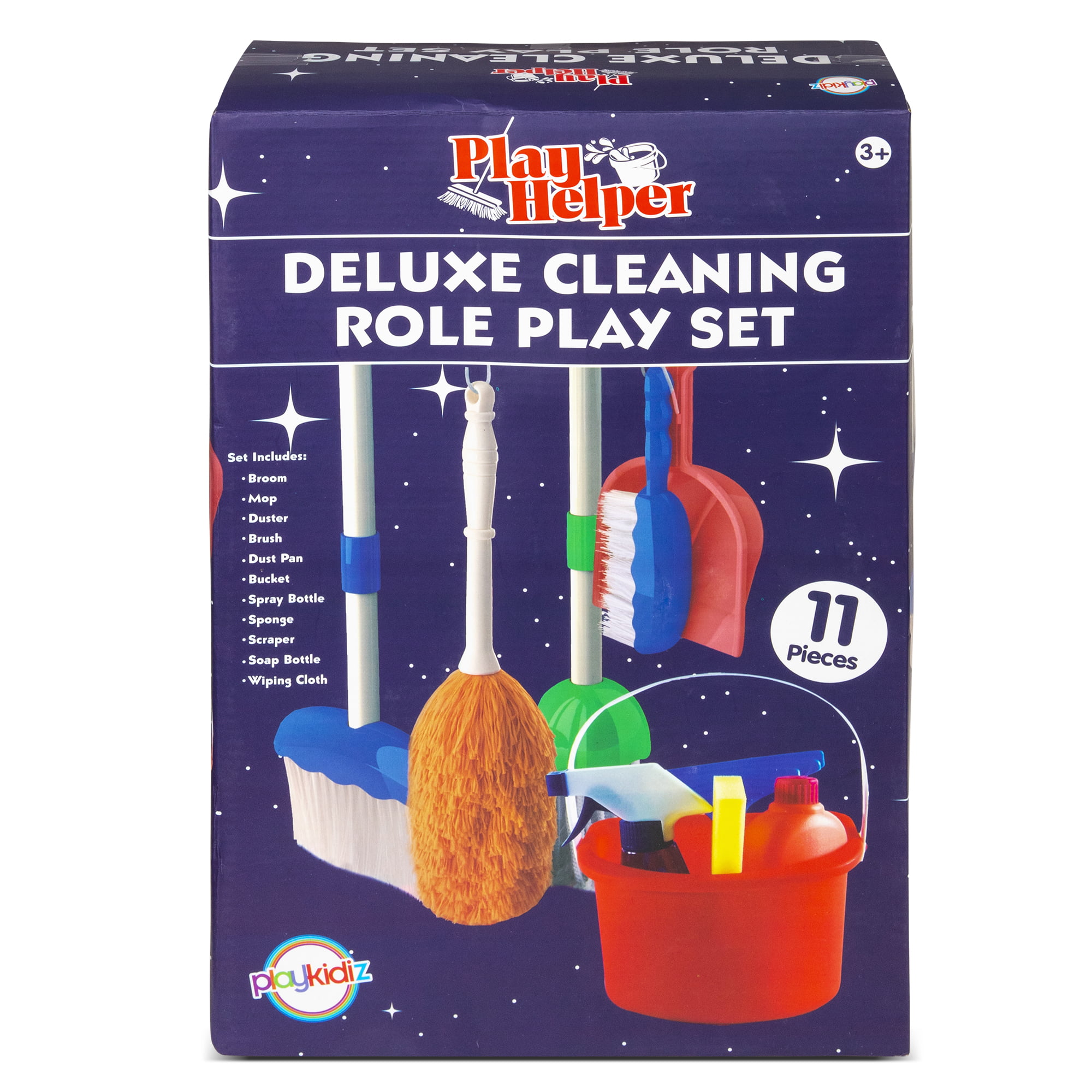 Playkidz Cleaning Role Set, 6pcs, Includes Mop, Brush, Broom, Dustpan, and Organizer Stand, Play Helper Realistic Housekeeping Set, Recommended for