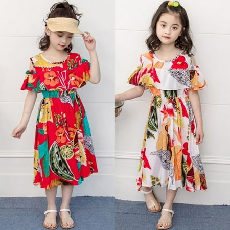 

Baozhu Bobora Summer Korean Style Girl Kids Posh Cute Sweet Casual Retro Irregular Printing Short Sleeved Off-Shoulder Floral Dress