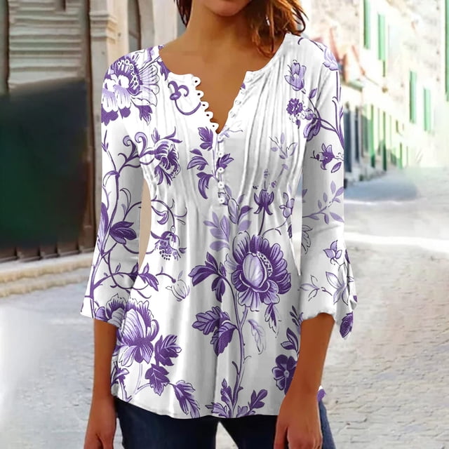 Fiudx Ofertas Del Día Camiseta Estampada a La Moda para Mujer, Blusa con Mangas 3/4, Camisetas Informales con Cuello En V