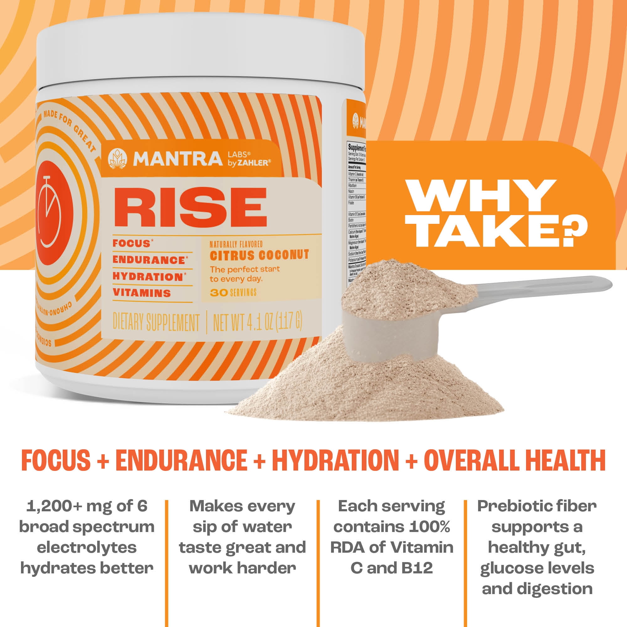 Mantra RISE Zero Sugar Electrolyte Powder Drink Mix with Nootropics, Vitamins & Brain Support, Keto Vegan Hydration Supplement, Citrus Coconut