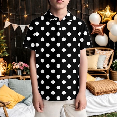 SOFTCCLO Polo Shirts for Boys Short Sleeve Lapel Collar Graphic Tees Classic Polka Dot Print Summer Comfy Casual Kids Polos Size 11-12Y