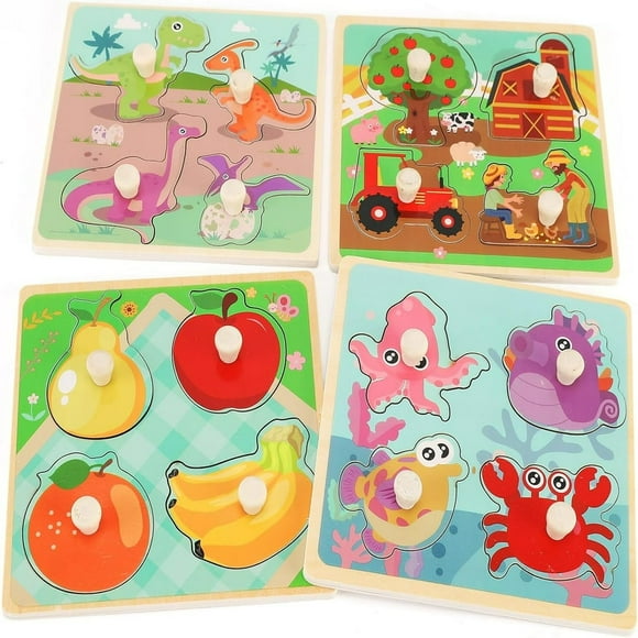 Bamboohart Wooden Peg Puzzles for Toddlers 1-3 Kids‘ Educational Preschool Peg Puzzle Toy Set of 4 Toddler Puzzles