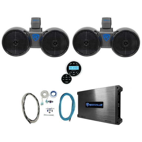 Rockville Bluetooth Receiver (2) Dual 6.5" Black Marine Wakeboard Speakers Amp