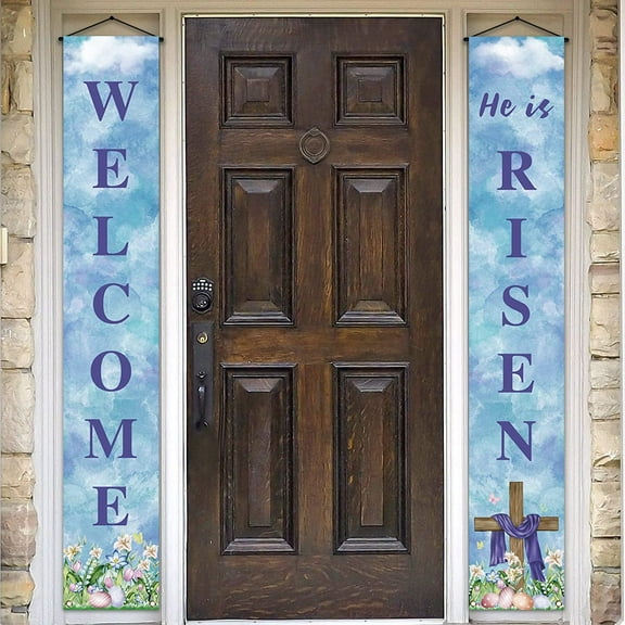 He is Risen Porch Banner Easter Christian Cross Resurrection Religious Holiday Front Door Sign Wall Hanging Party Decoration
