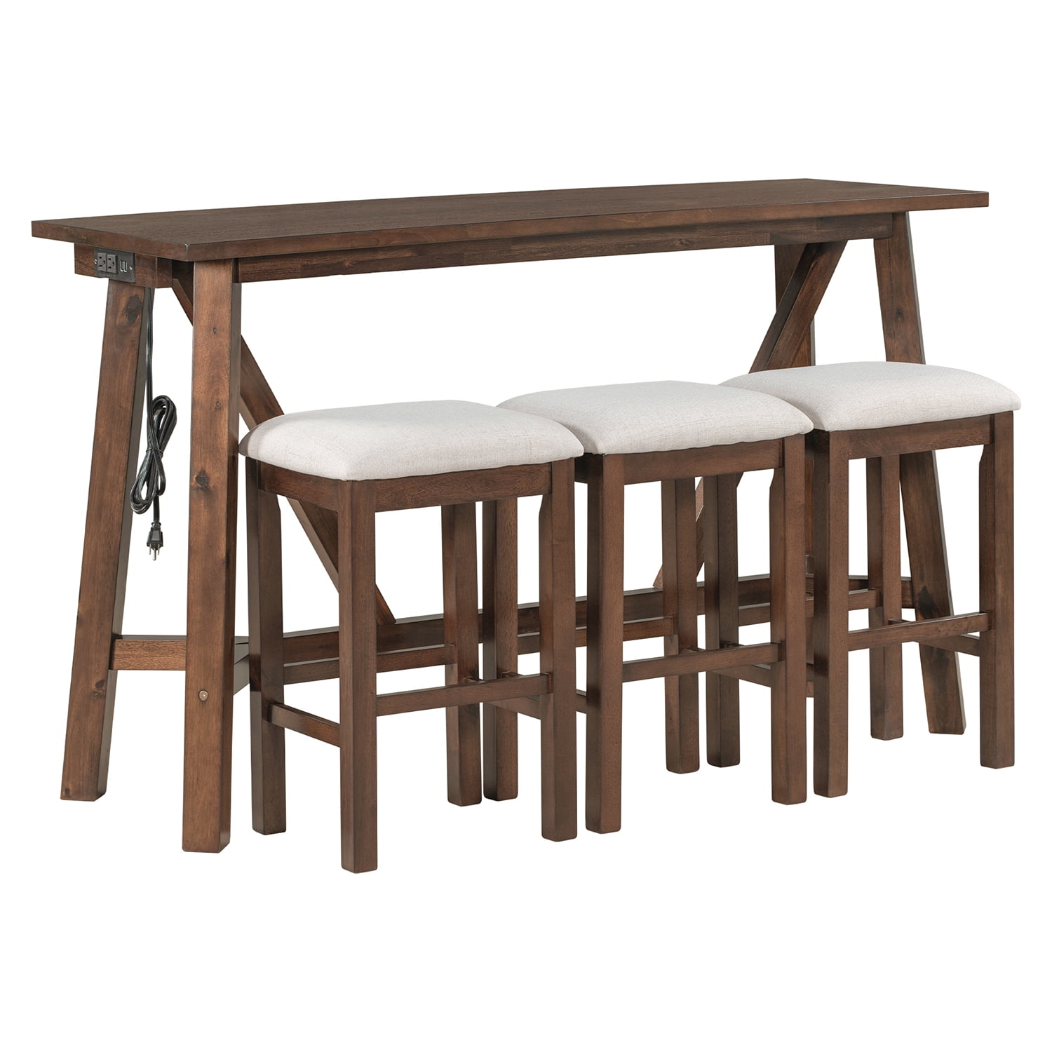 Kadyn Multipurpose Home Kitchen Dining Bar Table Set, Rubberwood Top Pub Table & Chair Set with 3 Upholstered Stools, Dining Table Set for 3, Walnut Kadyn Multipurpose Home Kitchen Dining Bar Table Set, Rubberwood Top Pub Table & Chair Set with 3 Upholstered Stools, Dining Table Set for 3, Walnut