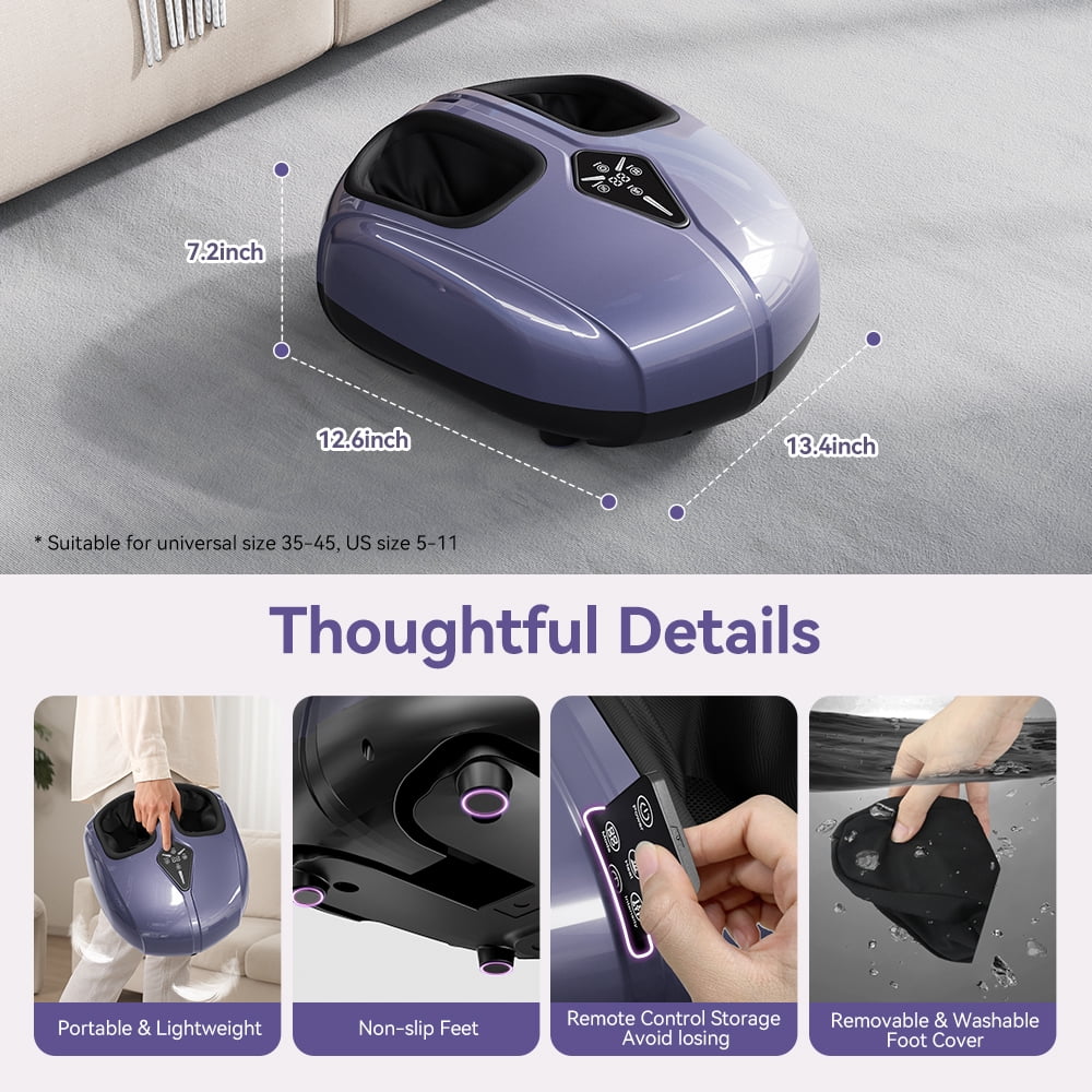 Foot Massager with Heat, Caveen Shiatsu Feet Massager Machine with 4 Modes & 5 Intensities, Auto-off Timers, Relax for Home or Office, Purple
