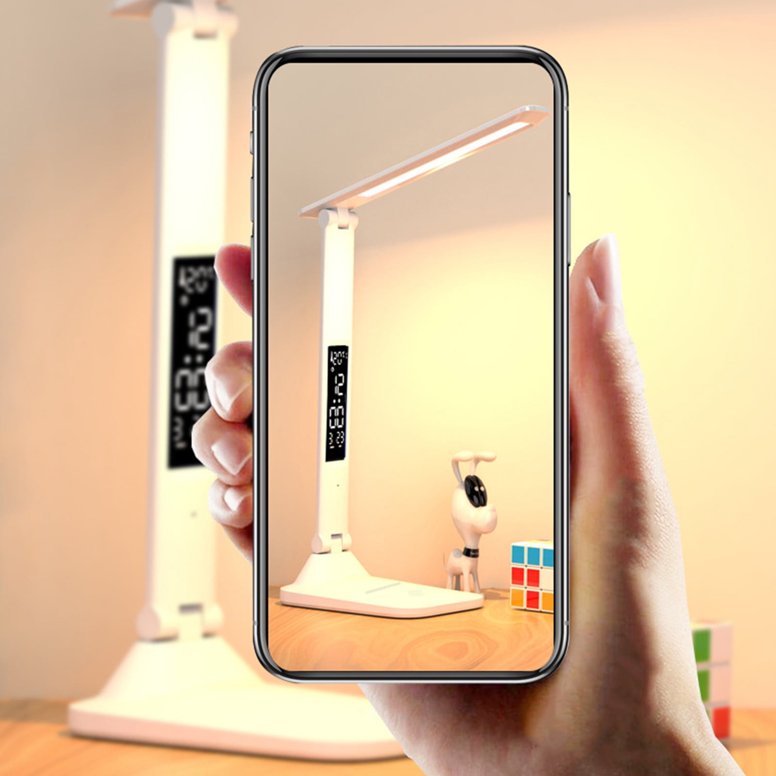 PRINxy New LED Electronic Clock Desk Lamp Foldable Rechargeable Reading Lamp 3 Grades Of Colour Temperature Adjustment Infinitely Dimmable Desk Lamp With Temperatu White