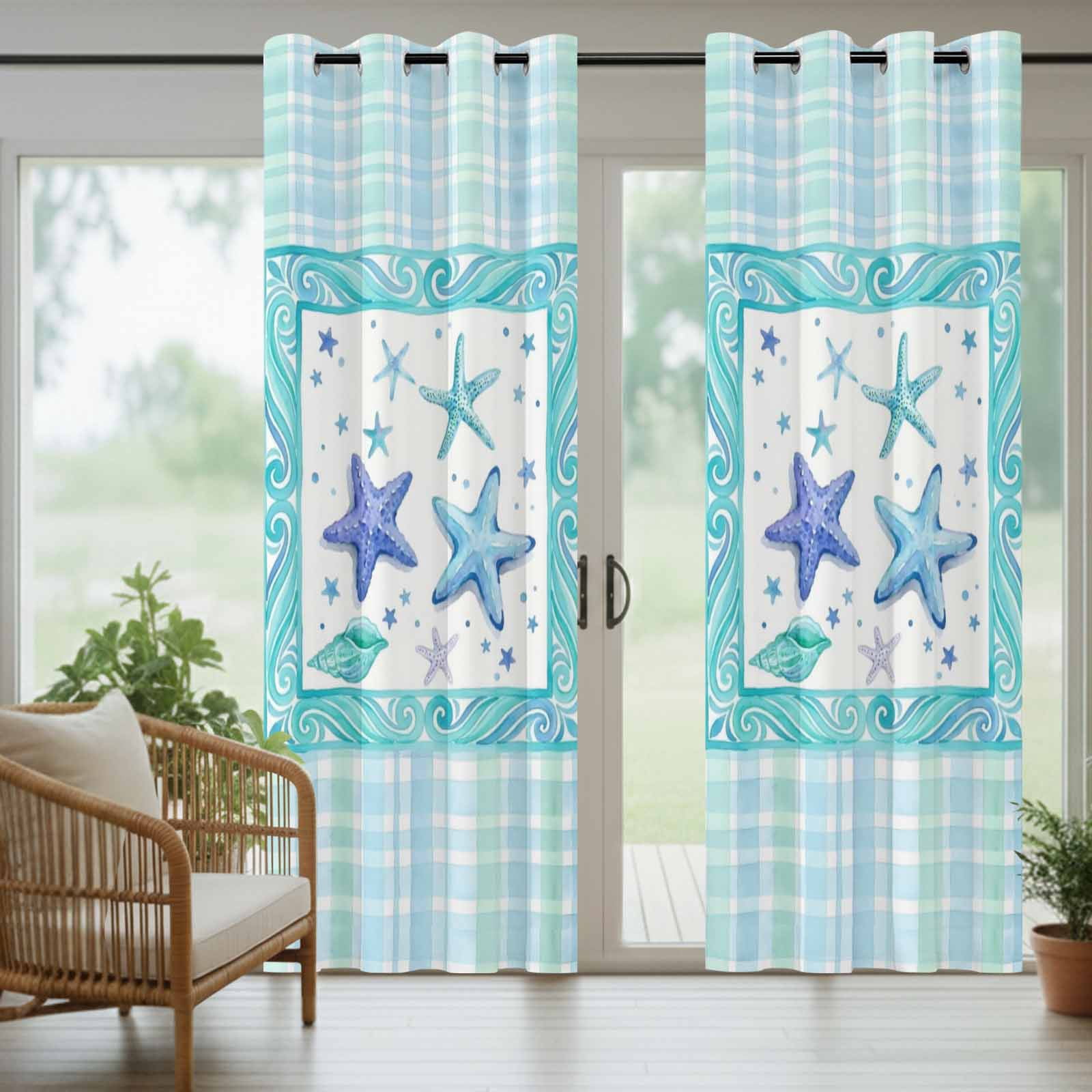 Summer Marine Life Outdoor Curtains for Patio, Watercolor Starfish Green Blue Border Plaid Sunshade Privacy Drapes Grommet Waterproof Outside Curtains for Porch/Cabana/Balcony 54"x 108", 1 Panel