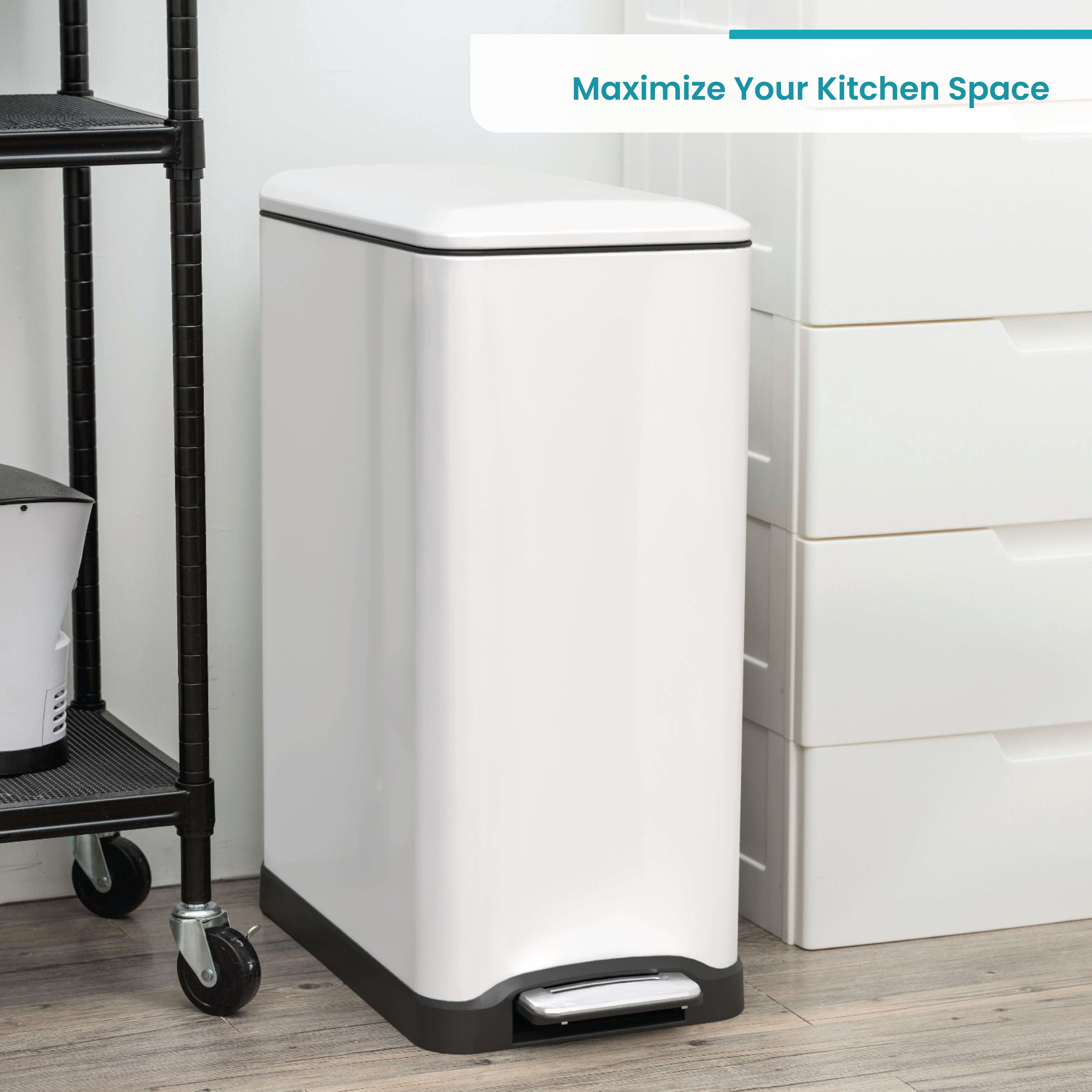 Home Zone Living 13 Gallon Slim Dual Compartment Kitchen Trash Can with Step Pedal and Soft-Close Lid, Stainless Steel, White