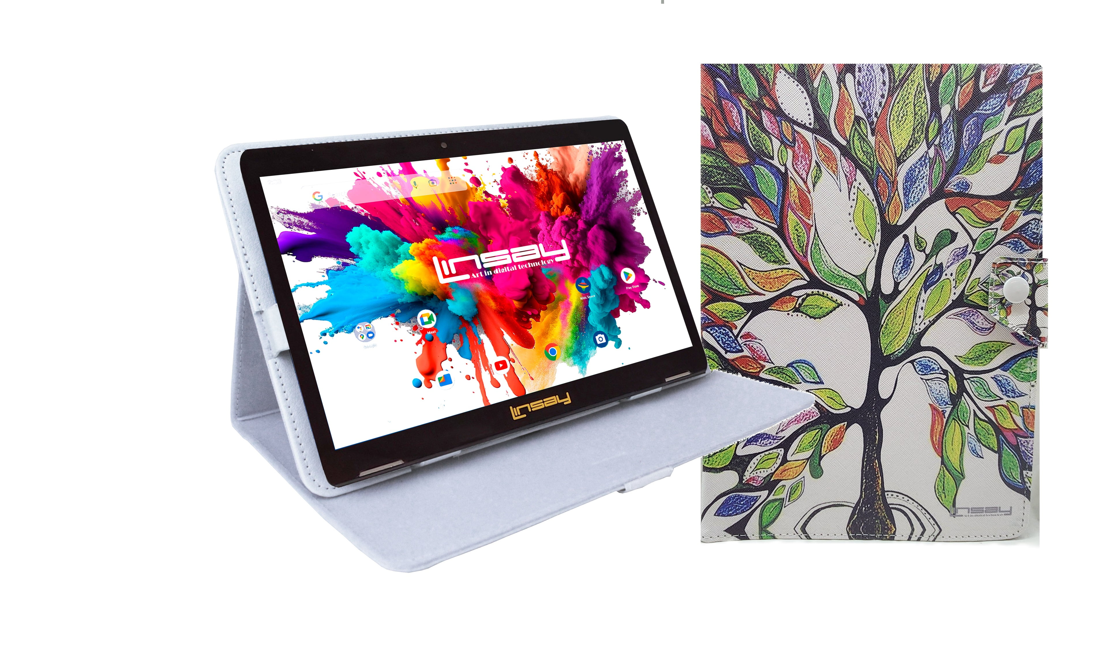 LINSAY 10.1" Octa Core 4GB RAM 128GB Storage Android 13 Tablet with Trees Marble Leather Case, Pop Holder and Pen Stylus
