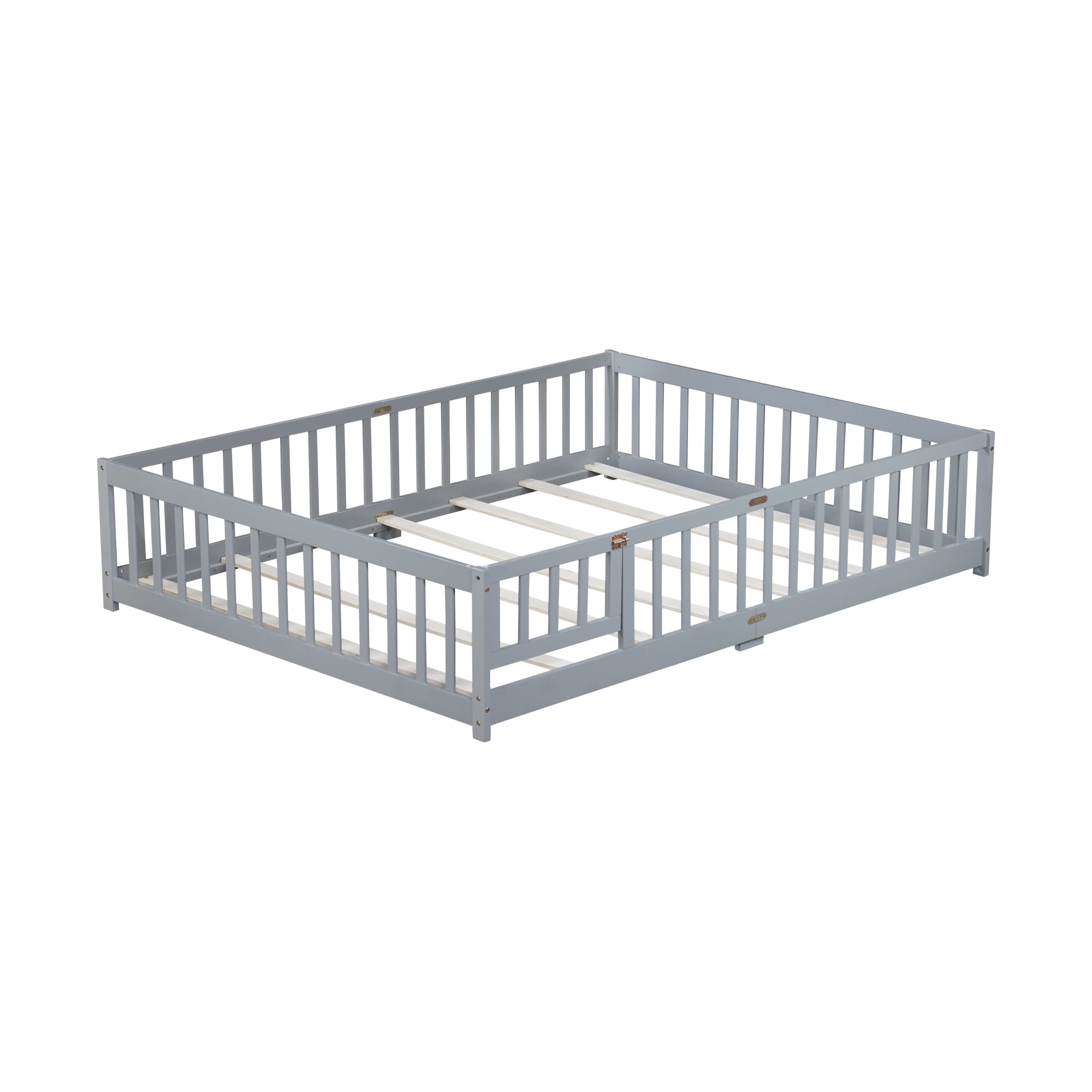 Leumius Queen Size Floor Bed with Fence and Door, Montessori Floor Bed with Safety Guardrails for Boys Girls Grey