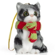 Ornativity Christmas Mini Cat Ornament - Furry Grey Kitten with Scarf Holiday Tree Hanging Decoration