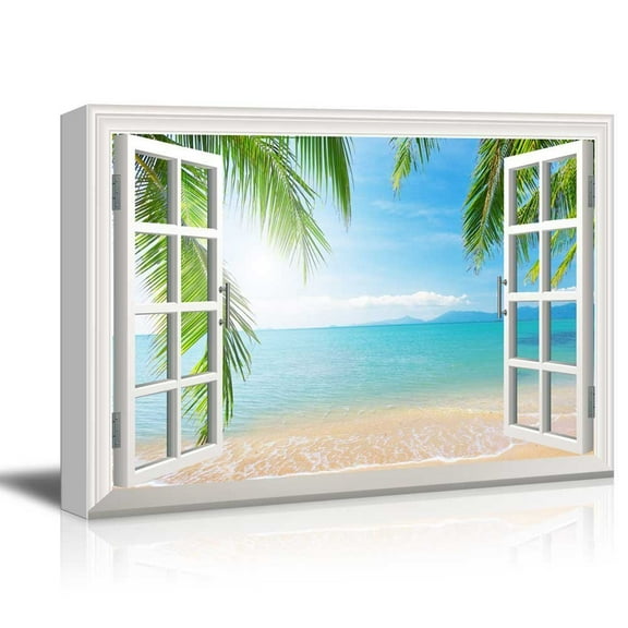 wall26 Canvas Print Wall Art Window View Landscape Tropical Palm Tree Beach Nature Wilderness Photography Modern Art Rustic Scenic Colorful Multicolor for Living Room, Bedroom, Office - 32"x48&q
