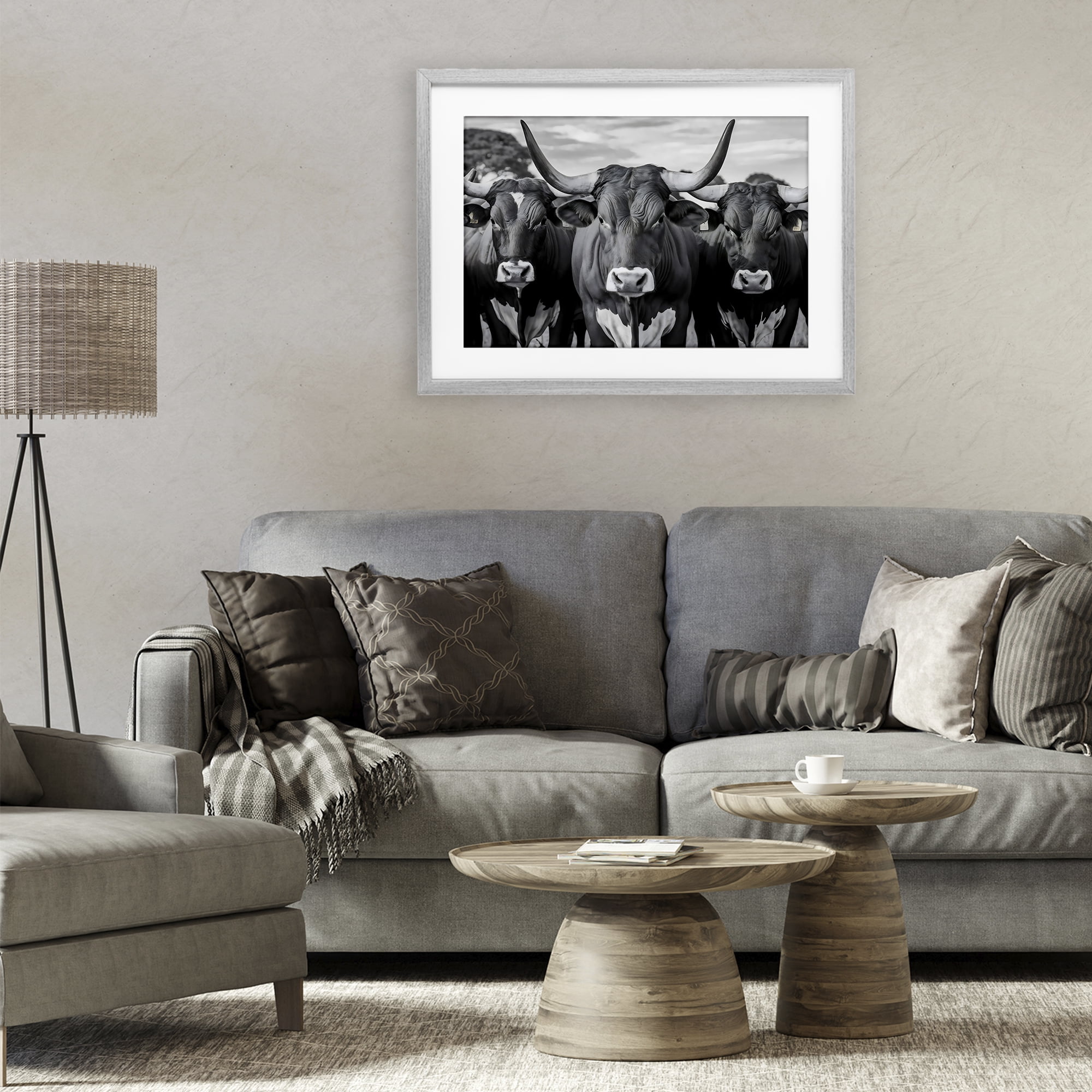 Stupell Industries Three Longhorns in a Row Gray Framed Print Under Glass, design by Creative Studio