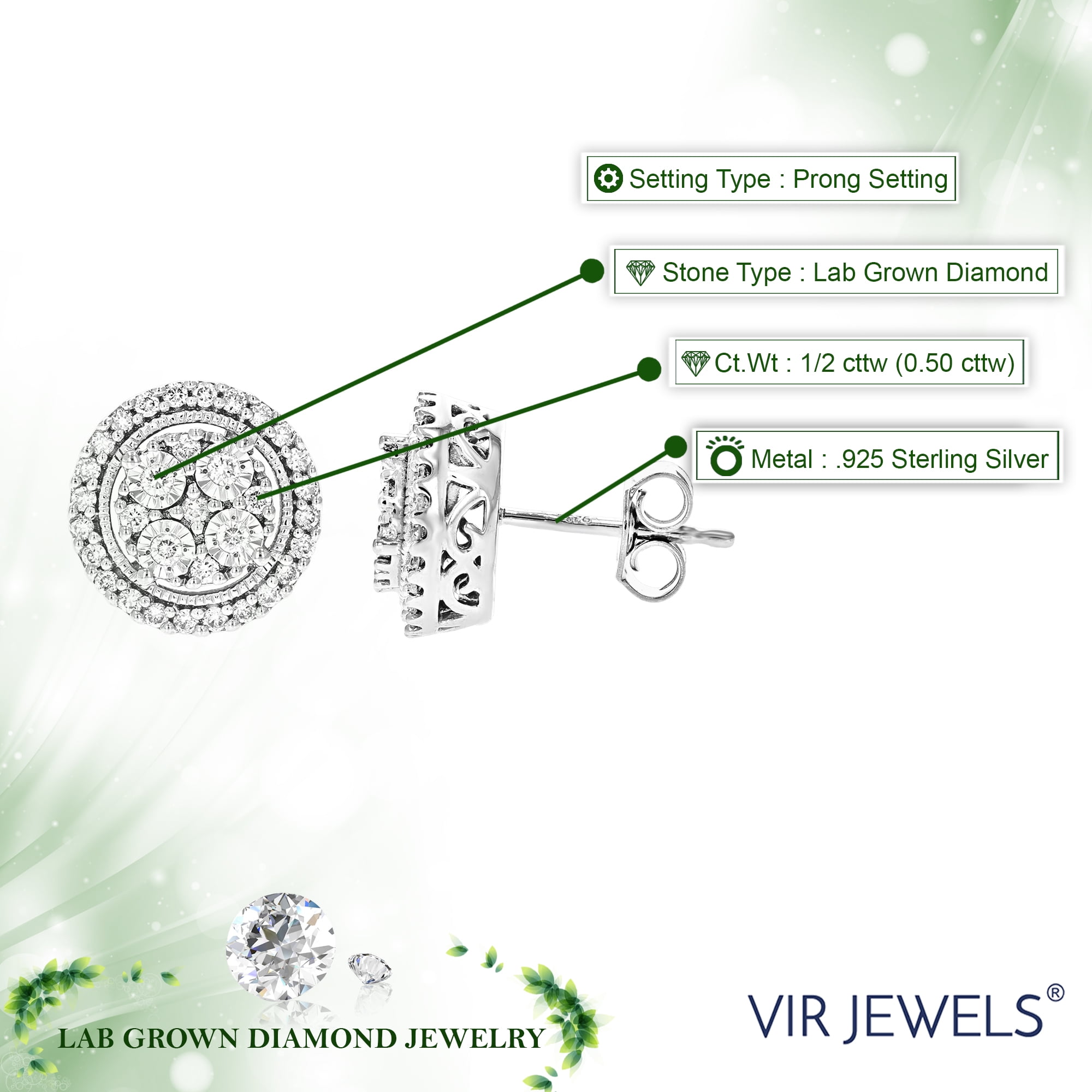 Vir Jewels 1/2 CTTW Lab Grown Diamond Composite Earrings in Sterling Silver With Push Backs For Women