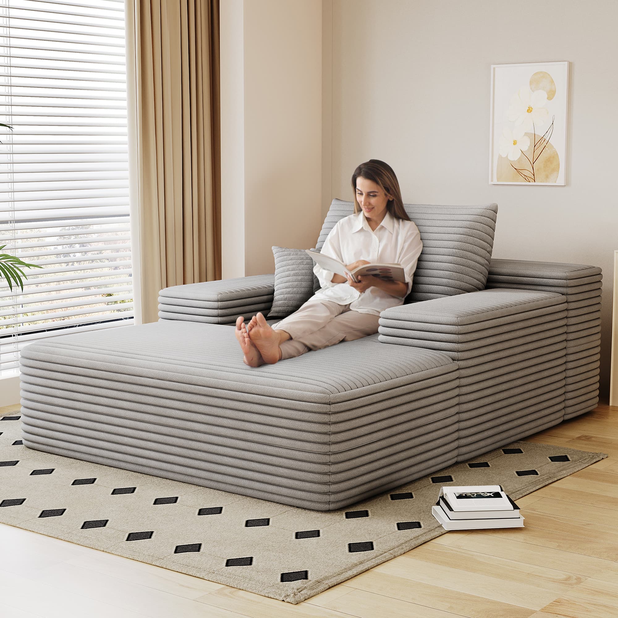 MAYEERTY 68"×51" Chaise Lounge Chair Gray Fluffy Plush Faux Fur Oversized Upholstered Sofa Bed Sleeper Couch Reading Chair for Living Room