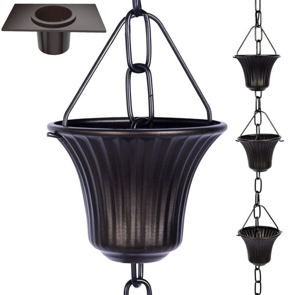 Rain chain set 8.5 feet, rust-free, wrought iron rain chain for gutters with adapter, drain and anchor stakes, 14 cups, 1 hook, adjustable length