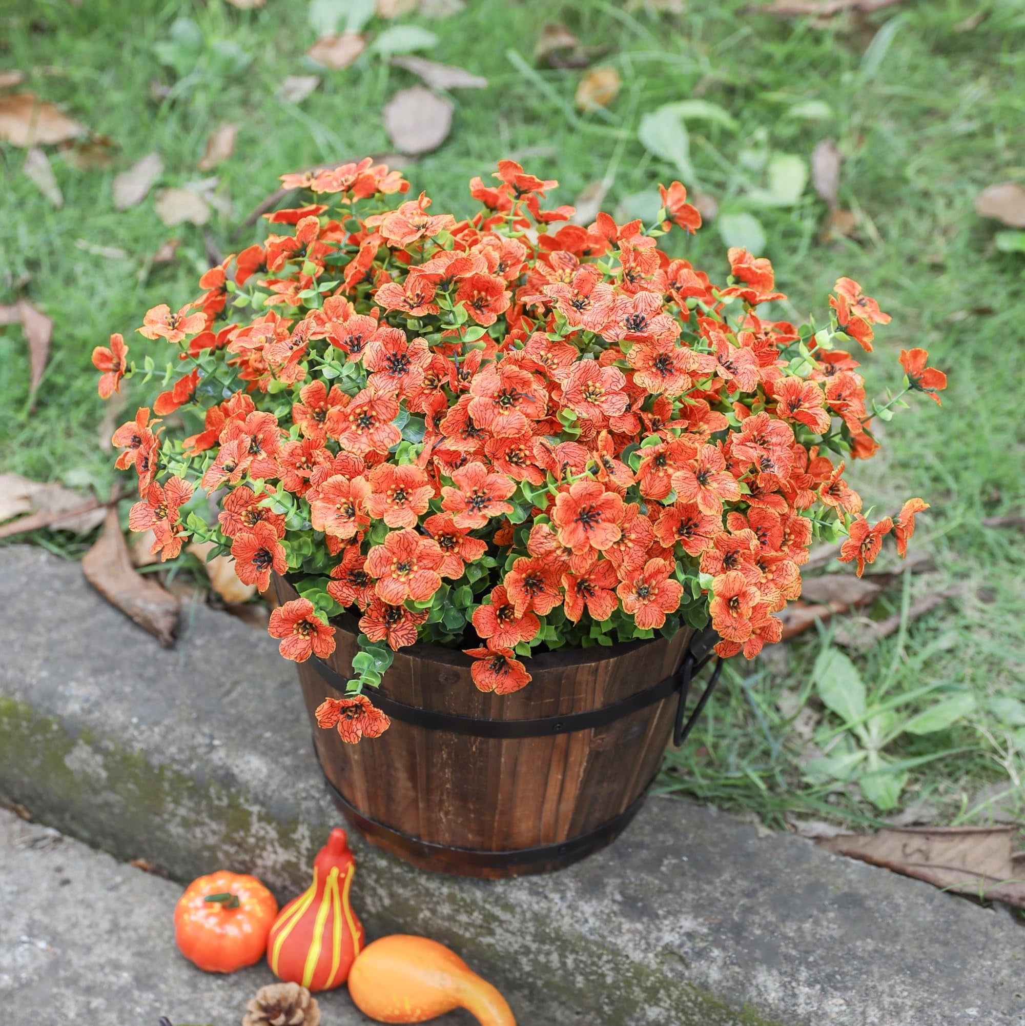 TETOU 16Pcs Artificial Plants Flowers, 13.8*7.5" Fake Silk Colorful Daisy Eucalyptus, UV Resistant Fake Flowers with Plastic Plants for Outside Home Porch Patio Window Yard Decor, Orange Green