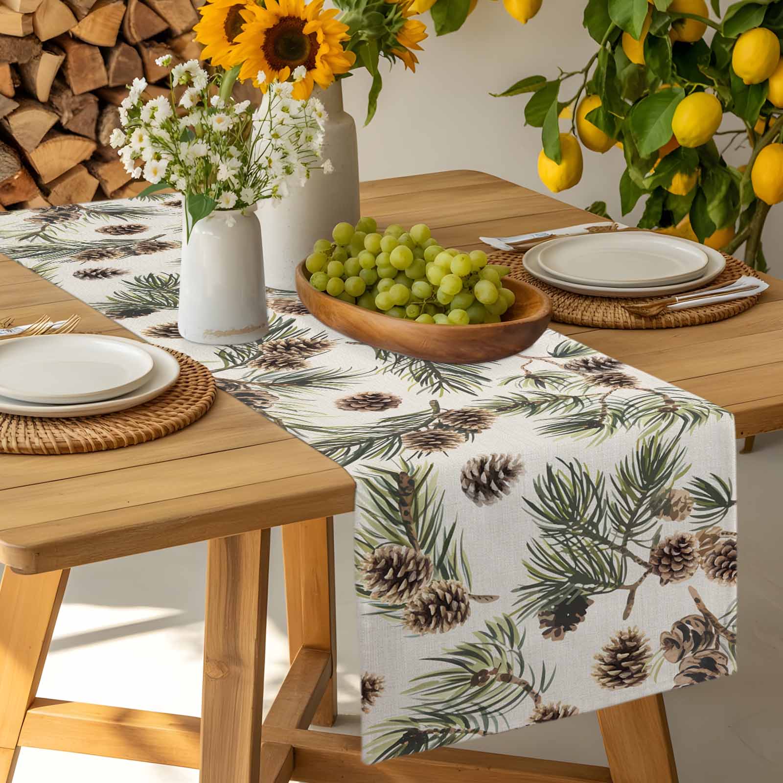 Brown Pine Cones Table Runner, Green Leaves Branch Vintage Linen Kitchen Table Runners Dress Scarves for Table Decorations Party/Restaurant/Indoor Outdoor Use, 13x90in