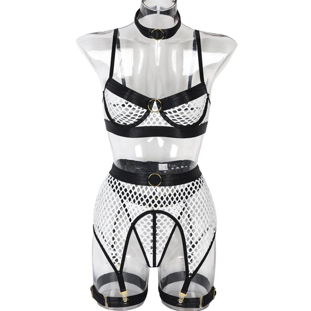 Ropa interior sexy de Europa y Estados Unidos, cuatro grandes empalmes de malla con anillo de acero colgando del cuello, ropa interior clásica