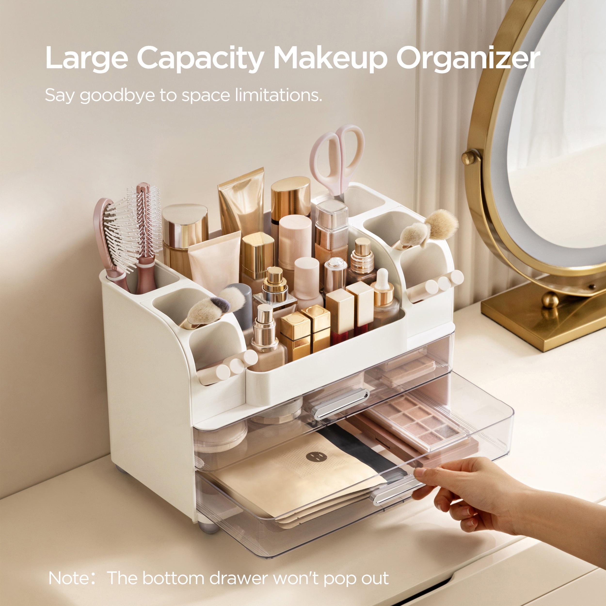 HBlife Makeup Organizer for Vanity with Brush Holder, Large Bathroom Countertop Cosmetic Organizer, White
