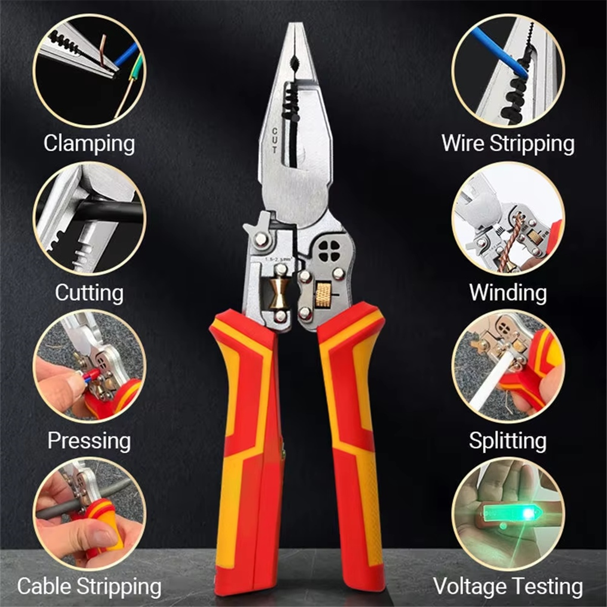 Multi-Function Wire Stripper Electricians Voltage Testing Cable Cutting Scissors Crimping Pliers,1 x Multi-function Pliers
