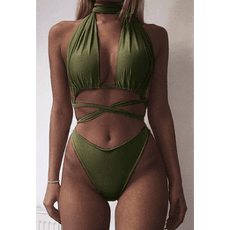 Women Sexy Swimwear Halter V Neck Lace up Cross bandage High Cut Open-breasted One Piece