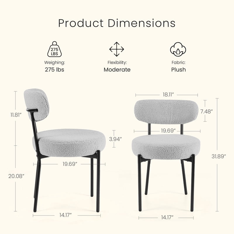 Gianna Dining Chairs Set of 2, Mid Century Modern Chair Round Upholstered Curved Backrest, Kitchen Vanity Living Room Chairs with Black Metal Legs，Gray