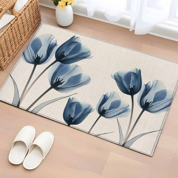Blue Spring Floral Bathroom Mats 2x3 FT, Non Slip Small Kitchen Mat, Tulip Summer Botanical Washable Soft Backed Front Door Throw Rugs Non-Shedding Indoor Outdoor Doormat for Entryway Sink