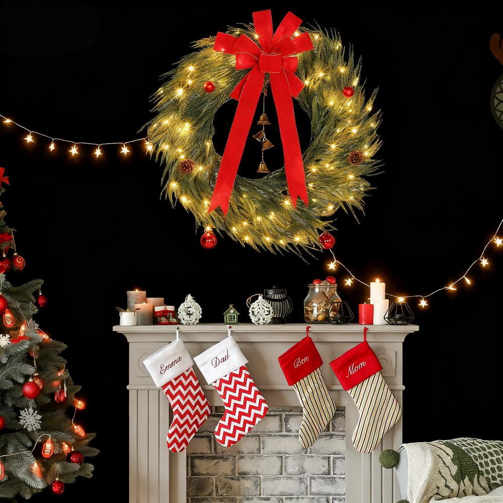 36 Inch Norfolk Pine Christmas Wreath with 100 LED Lights 8 Modes Red Ornaments Pinecones Indoor Outdoor Decor