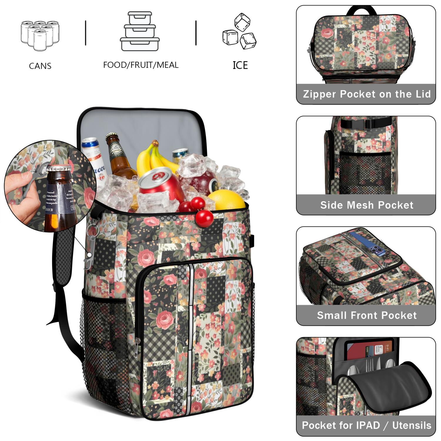 Travel Cooler Bag - Pioneer Flower Camping Beer Cooler Backpack with Bottle Opener- Waterproof Insulated Picnic Backpacks - Cooler Bag for Beach