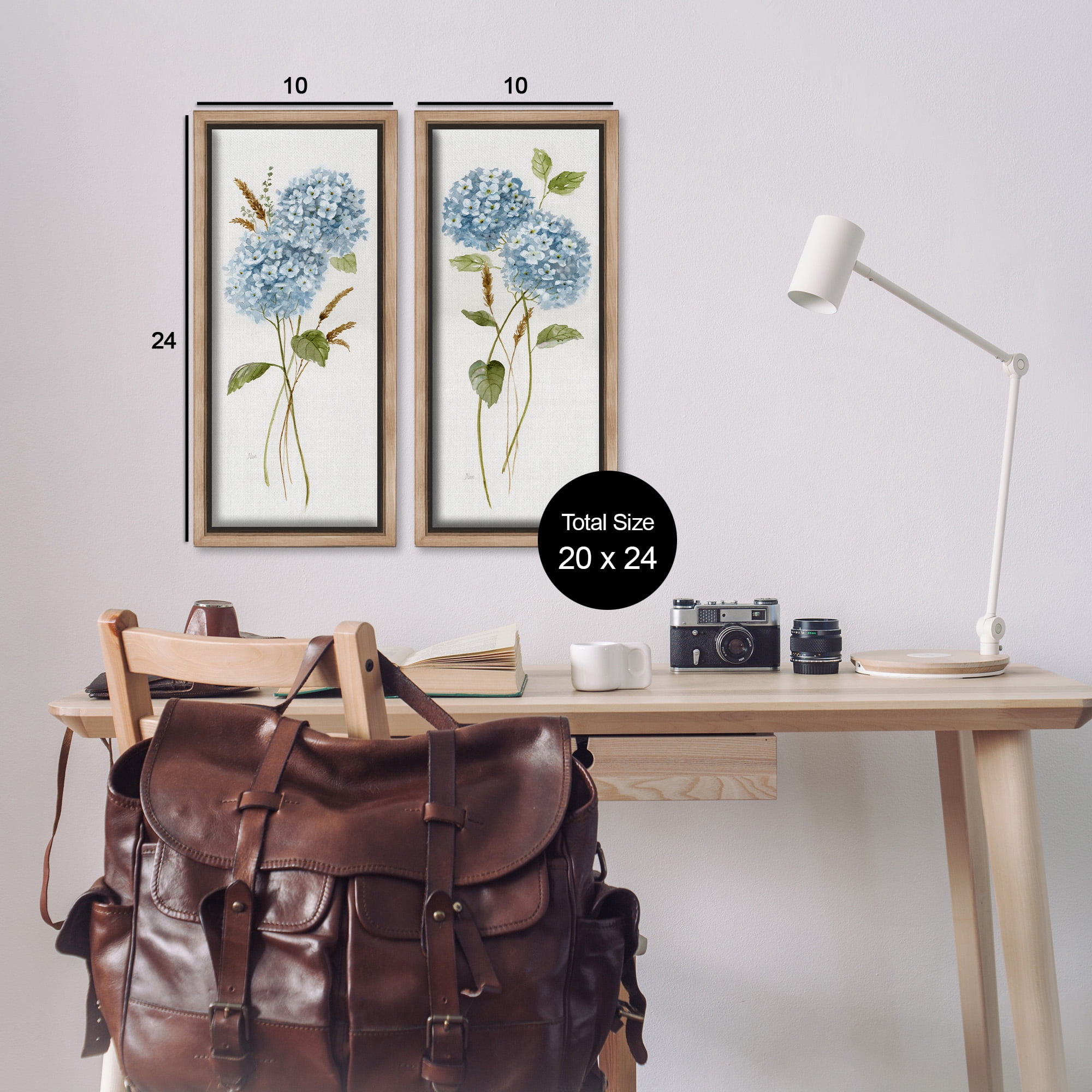 Stupell Industries Blue Hydrangea Long Stems Botanical & Floral Painting Brown Floater Framed Canvas Art Print Wall Art, 11 x 25, Set of 2
